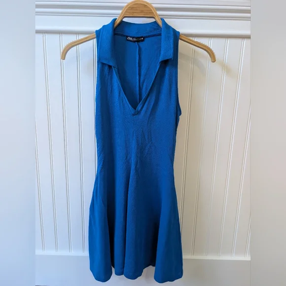 Zara cobalt blue collared V-neck ribbed sleeveless fit and flare mini dress - Picture 5 of 8